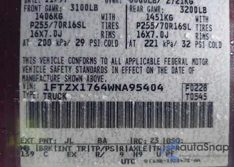 1998 Ford F-150 Lariat/Standard/Xl/Xlt z USA, uszkodzony, nr VIN 1FTZX1764WNA95404